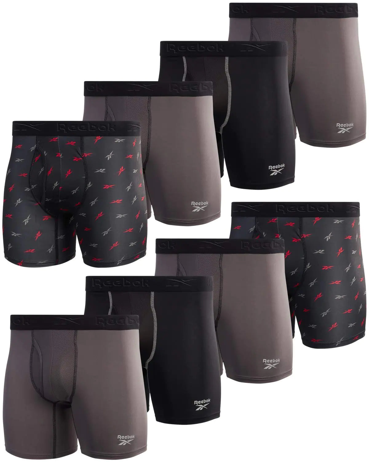 Reebok Mens Boxer Briefs - 8 Pack Performance Mens Underwear Boxer Briefs with Fly Pouch - Underwear for Men Pack (S-XL) Size Small Grey/Black/Print